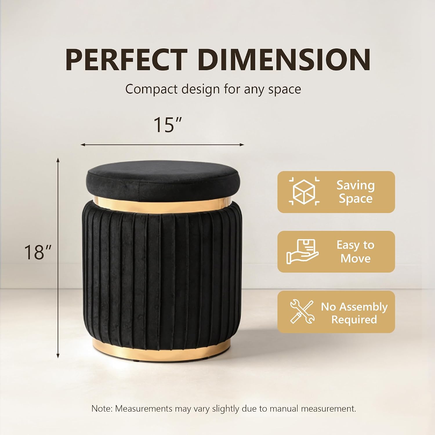 Round Vanity Stool Ottoman, Black | Velvet Upholstered, Small Foot Stool with Gold Trim, Stainless Steel Base, For Bedroom, Living Room, Entryway