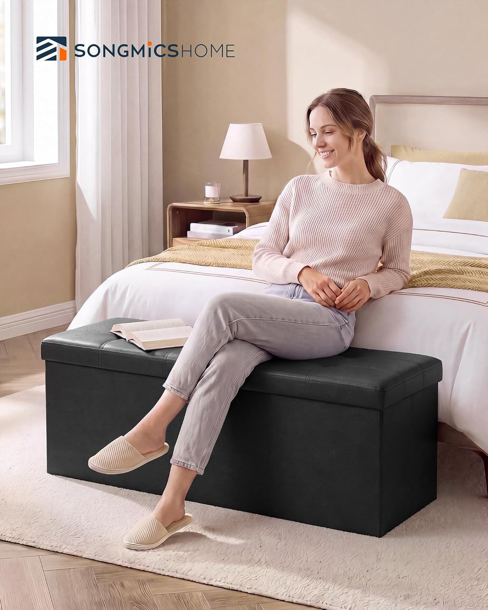 SONGMICS HOME Foldable Foot Rest Stool, Storage Ottoman, Tufted Design, PU Le...