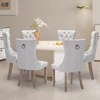 Linen Upholstered Dining Chairs Set of 8, Modern Style Kitchen Side Chairs with Nailhead Trim and Wood Leg, Metal Pulling Ring for Dining Room Living Room