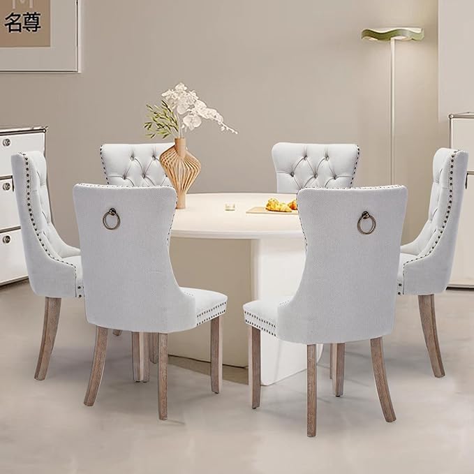 Linen Upholstered Dining Chairs Set of 8, Modern Style Kitchen Side Chairs with Nailhead Trim and Wood Leg, Metal Pulling Ring for Dining Room Living Room