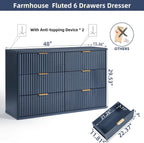 LEYAOYAO Fluted 6 Drawers Dresser Set of 2, 48" Wide Modern Chest of Drawers with Wood Grain Top, Curved Profile Design, Dresser TV Stand, Wooden Drawer Organizer for Bedroom, Living Room,Hallway,Blue