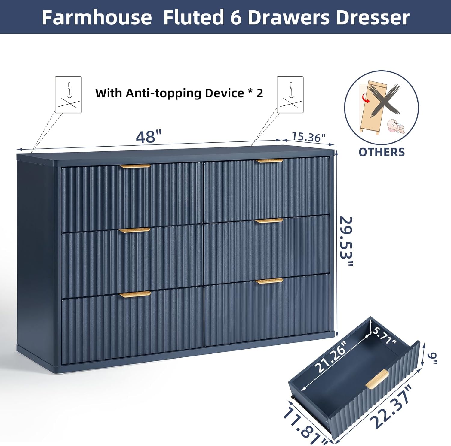 LEYAOYAO Fluted 6 Drawers Dresser, 48" Wide Modern Chest of Drawers with Wood Grain Top, Curved Profile Design, Dresser TV Stand, Wood Drawer Organizer for Bedroom, Living Room, Hallway,Blue