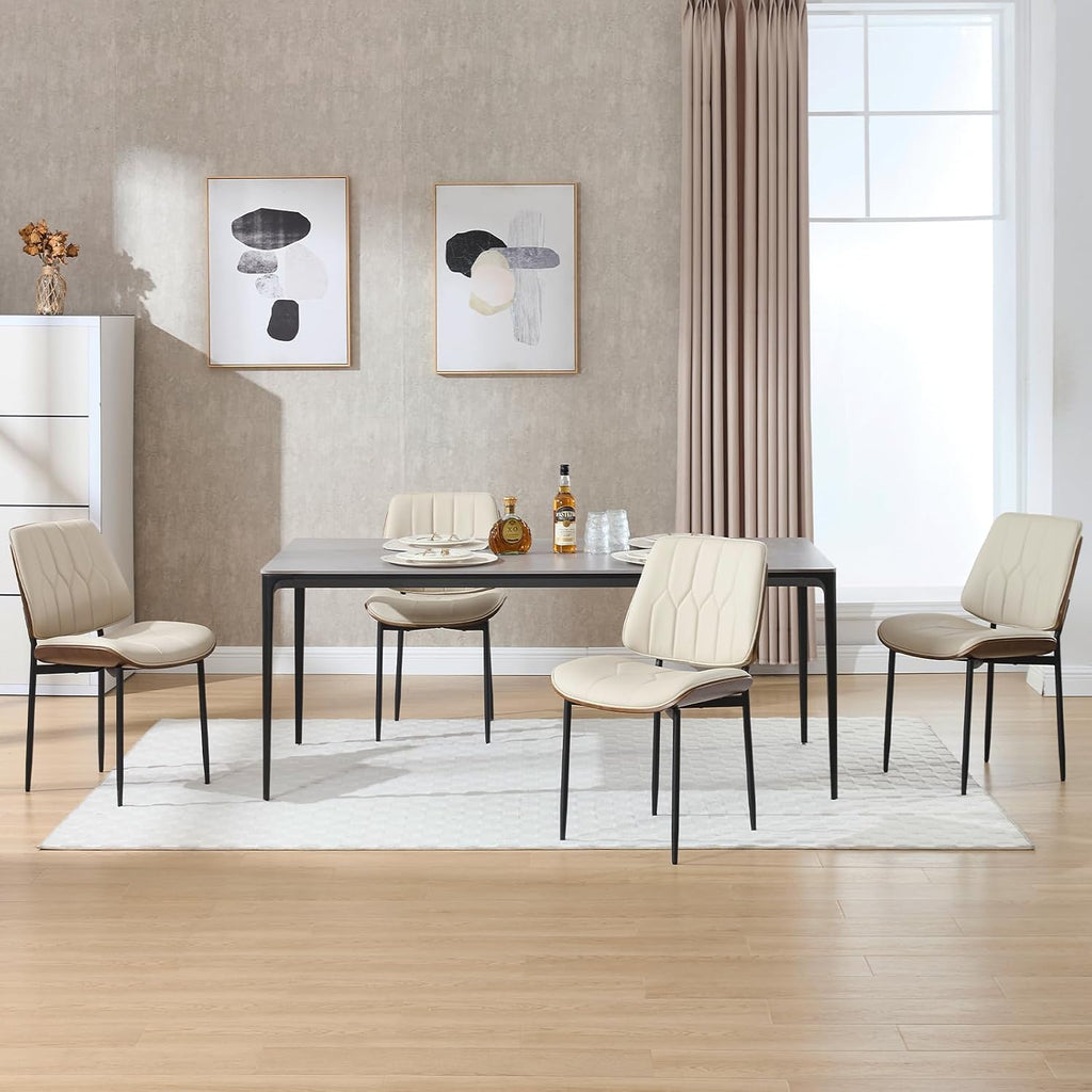 Mid Century Walnut Bentwood Armless Kitchen Dining Chairs Set of 4, Beige | PU leather seat with curved walnut bentwood back & metal legs, armless design, ideal for dining room, kitchen, or cafeteria