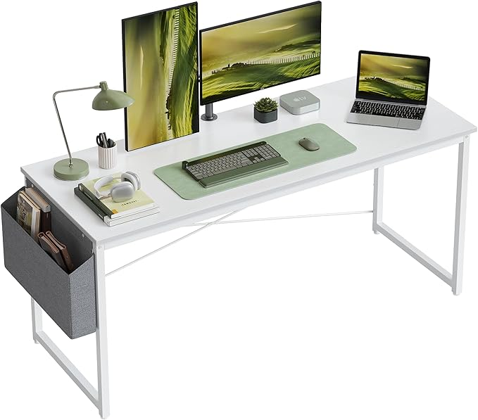 Cubiker Computer Desk 63 inch Home Office Writing Study Desk, Modern Simple Style Laptop Table with Storage Bag, White Metal Frame, White