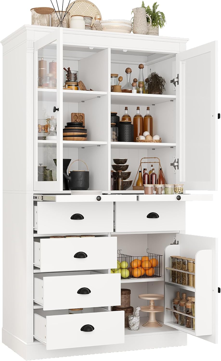 72" H Kitchen Pantry with Glass Doors, Wooden Freestanding Display Stora...