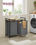 VASAGLE Laundry Hamper, Laundry Basket, Laundry Sorter with 2 Pull-Out and Removable Bags, Shelf, Metal Frame, 2 x 12.1 Gallons (46 L), 28.8 x 13 x 28.4 Inches, Slate Gray and Rustic Brown UBLH201G01