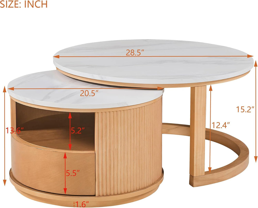 49'' Round Nesting Coffee Table with Drawer, Modern 2-Tier Wood Coffe...