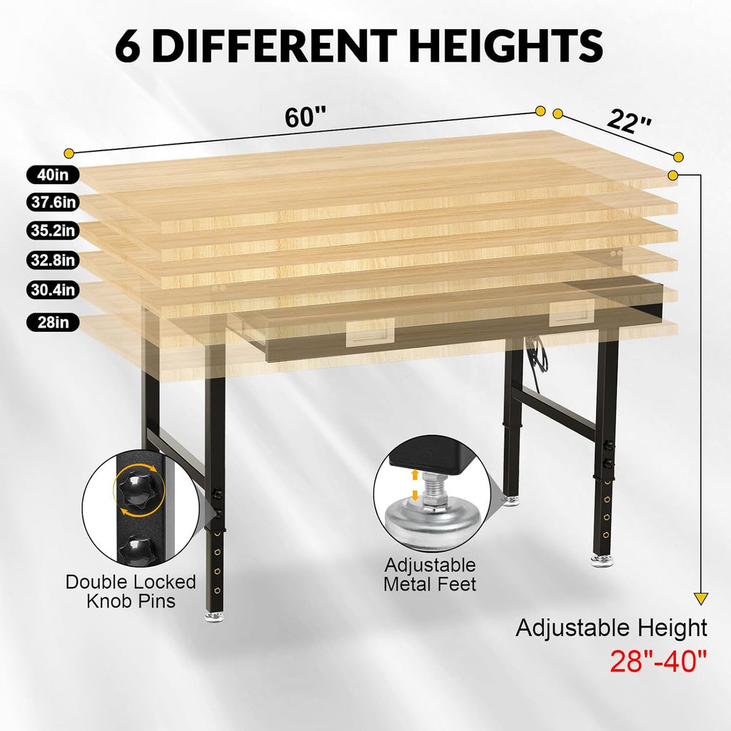 60" Workbench with Drawers, Adjustable Height Work Table, 2000 LBS Heavy-Duty, Rubber Wood, Black, Steel