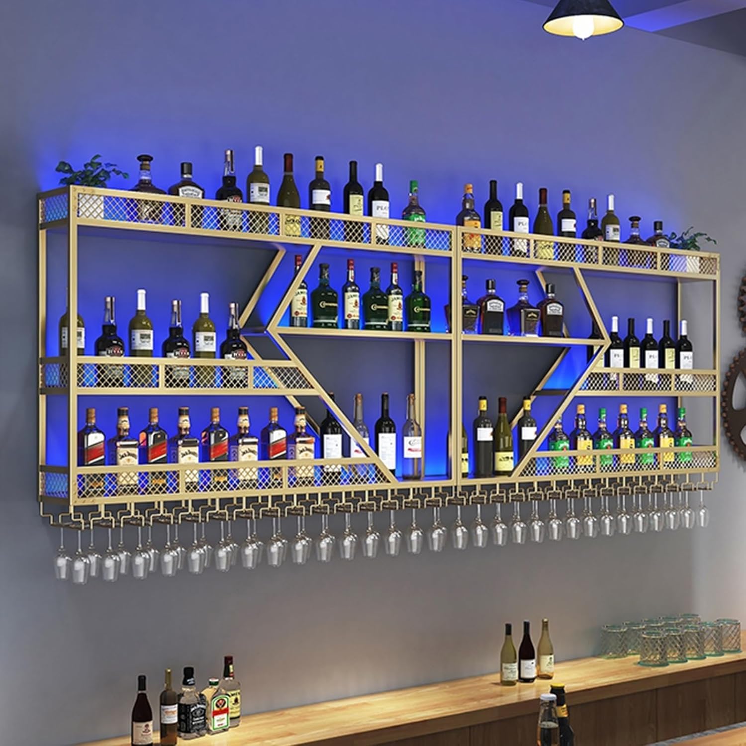 78.7in Wine Rack Wall Mounted, Modern Wine Storage Rack Wall Mounted with Wine Glass Holder, Liquor Shelf, Bar Shelves for Liquor Bottles (3TIERS Gold, 78.7 * 7.87 * 33.85INCH)