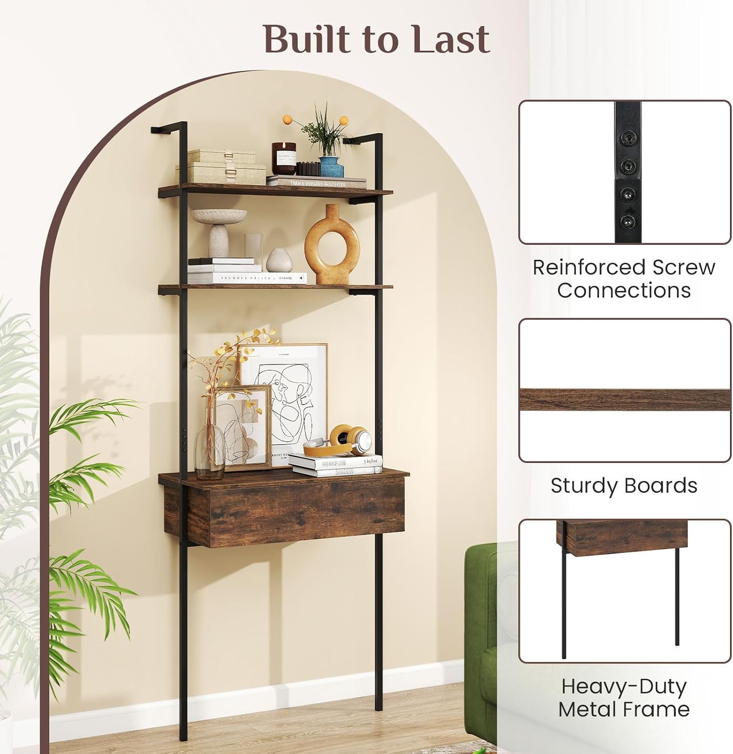 Giantex 4-Tier Ladder Bookshelf Set of 2, Wall Mounted Storage Shelf | Industrial Open Display Shelf w/2 Anti-Tipping Kits, Drawer & Metal Frame, Compact Storage Organizer for Living Room, Office