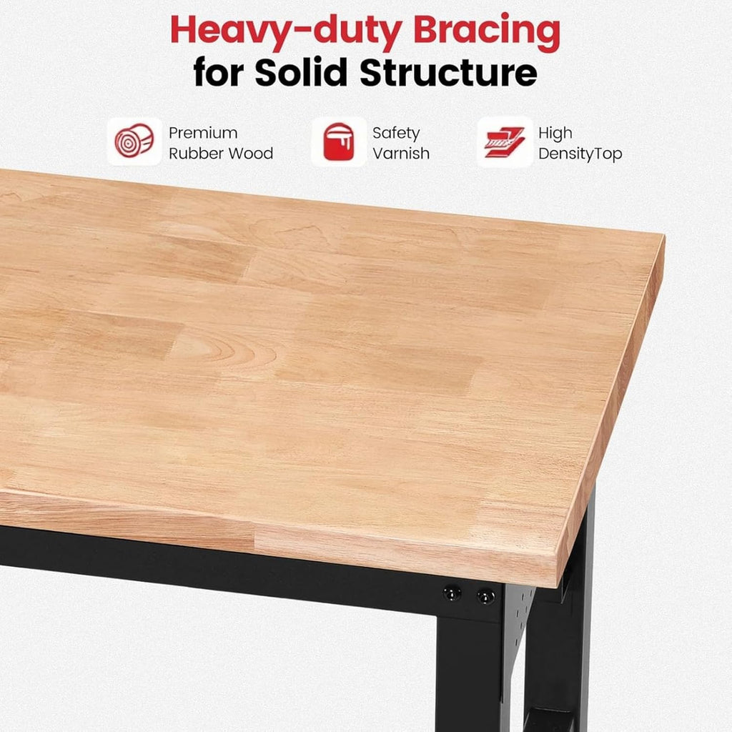 Work Bench with Double Layers 60 x 22 Inch Heavy Duty Rubberwood Tabletop Work Table Adjustable Height Workbench with Wheels, Sided Pegboard, Power Outlets for Garage Home Office
