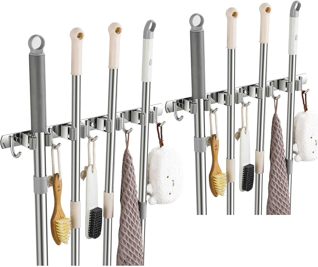 2 Pack Wall Mount, Stainless Steel Broom Hanger, Heavy Duty Mop and Broom Holder Tool Racks Utility Hooks for Laundry Room Garden Garage, Grey (4 Racks and 5 Hooks)