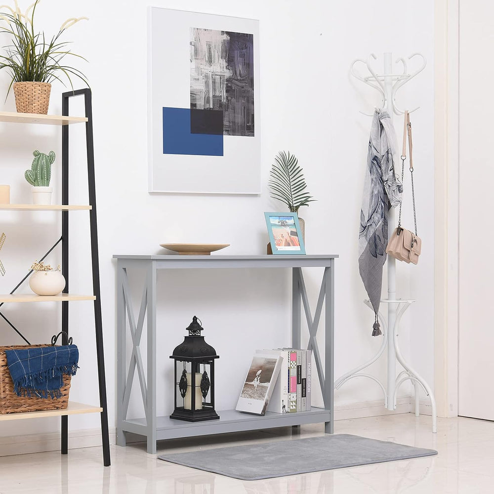 2 Tier Console Table, Sofa Side Table with Storage Shelf, X for Entryway, Liv...