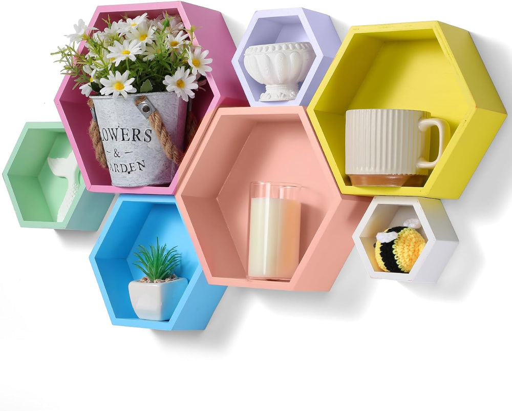 DoubleFill Honeycomb Shelves for Wall Set of 7 Wooden Hexagon Floating Shelve...