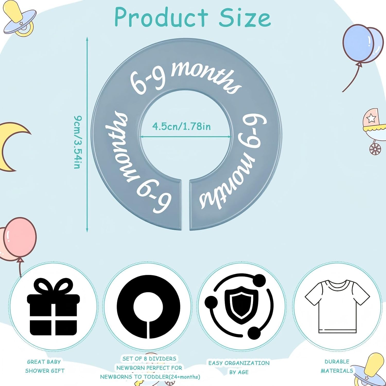 8 Pcs Baby Closet Dividers, Gifts for Moms, Unisex Baby Clothes Organizers, Clear Label Nursery Closet Organizer & Decor, Fits Most Rods(Modern,Cool Colors)