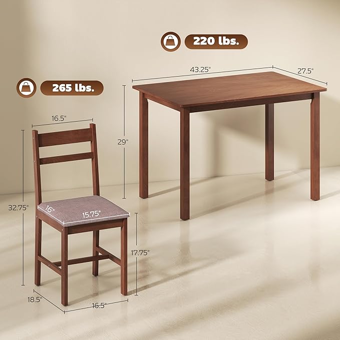 HOMCOM 5-Piece Solid Wood Dining Table Set for 4, Farmhouse Kitchen Table with Upholstered Chairs for Small Space, Dining Room, Breakfast Nook, Light Brown and Brown
