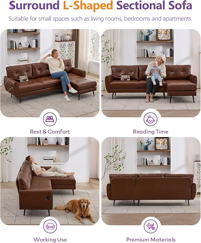 TYBOATLE 3 Seat L Shaped Leather Sectional Couches for Living Room, Faux Leather Couch w/USB & Type-C Charging Port, Small Sectional Sofa w/Deep-Seat Chaise (Brown)