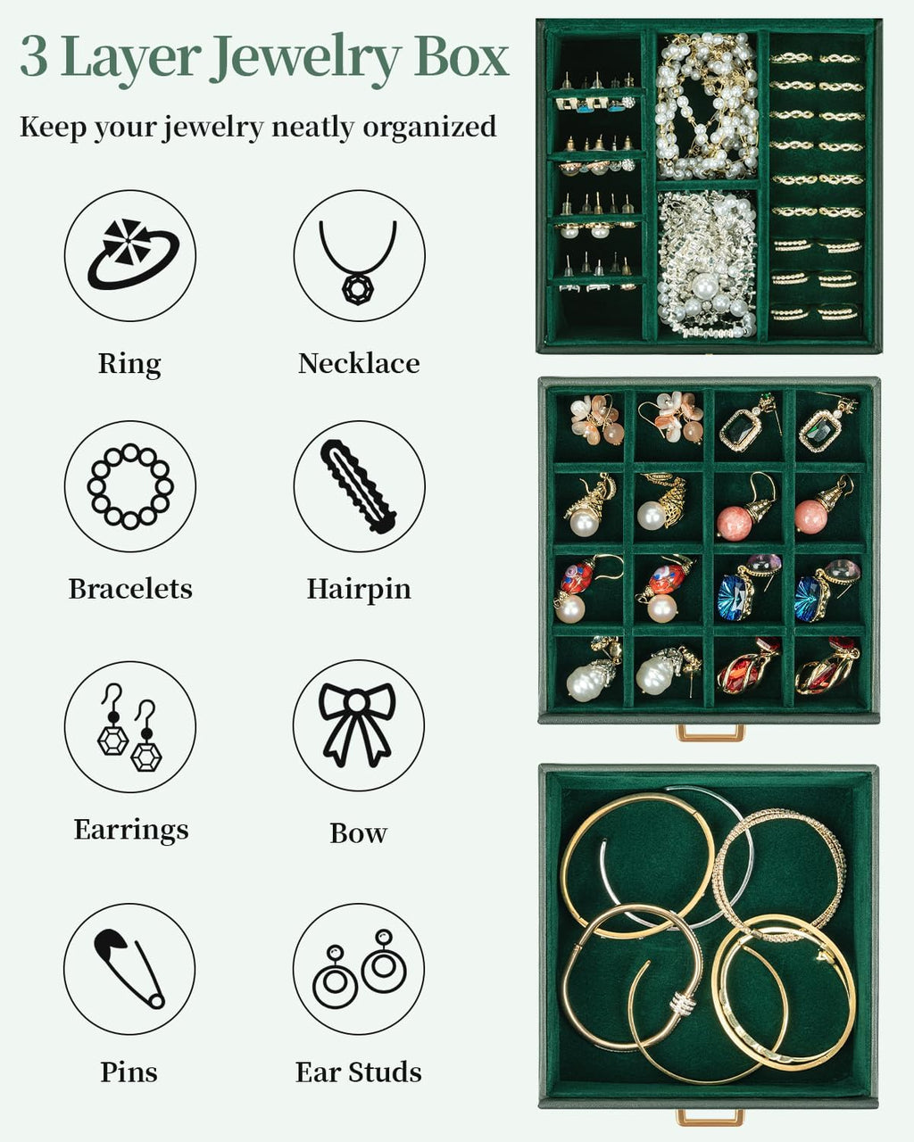 TORIBIO Jewelry Box for Women, Leather Jewelry Organizer with Mirror & Lock, 3-Tier Jewelry Storage Organizer with 2 Drawers for Girls/Women/Mothers, Necklace Earring Bracelets Holder Organizer