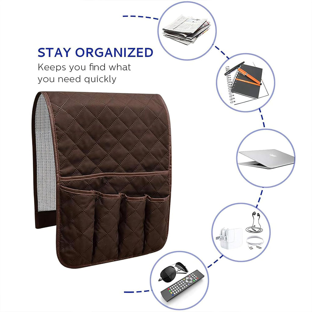 Sofa Armrest Organizer Non-Slip Arm Chair Bedside Caddy Storage Organizer for Recliner Couch with 5 Pockets for Cell Phone TV Remote Control Magazines (DARK BROWN)