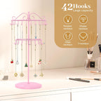 MODOWEY Rotating Necklace Holder Organizer Display Stand with 42 Hooks, 2 Tier Adjustable Metal Tree for Long Necklace Hanger Selling, Tall Spinning Bracelet Storage Rack for Men Women, Pink