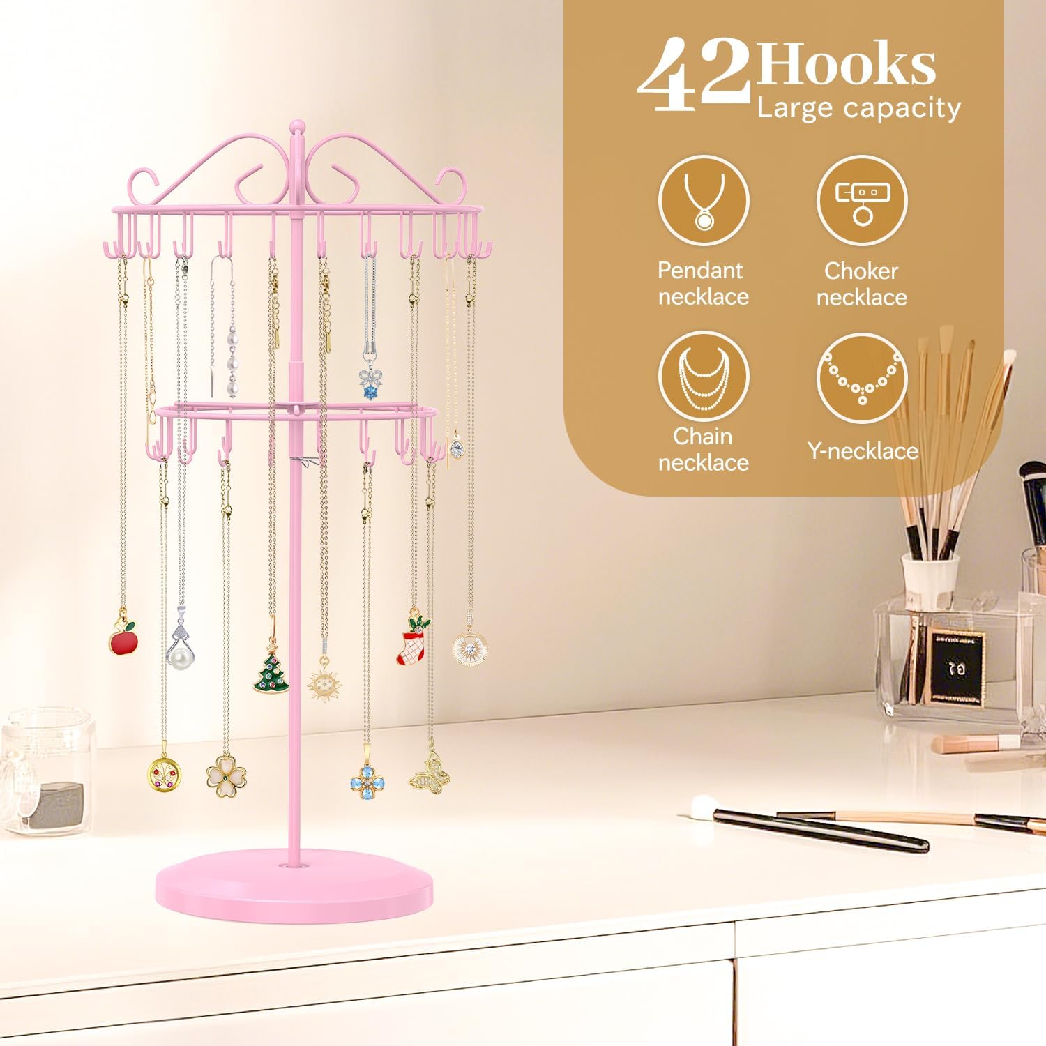 MODOWEY Rotating Necklace Holder Organizer Display Stand with 42 Hooks, 2 Tier Adjustable Metal Tree for Long Necklace Hanger Selling, Tall Spinning Bracelet Storage Rack for Men Women, Pink