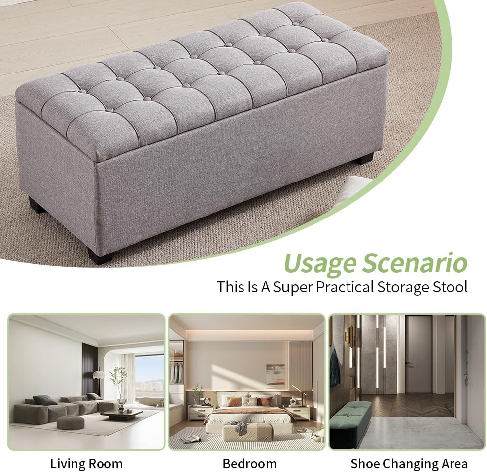 38-inch Grey Fabric Storage Ottoman Bench with Hinged Lid - Long End of Bed B...