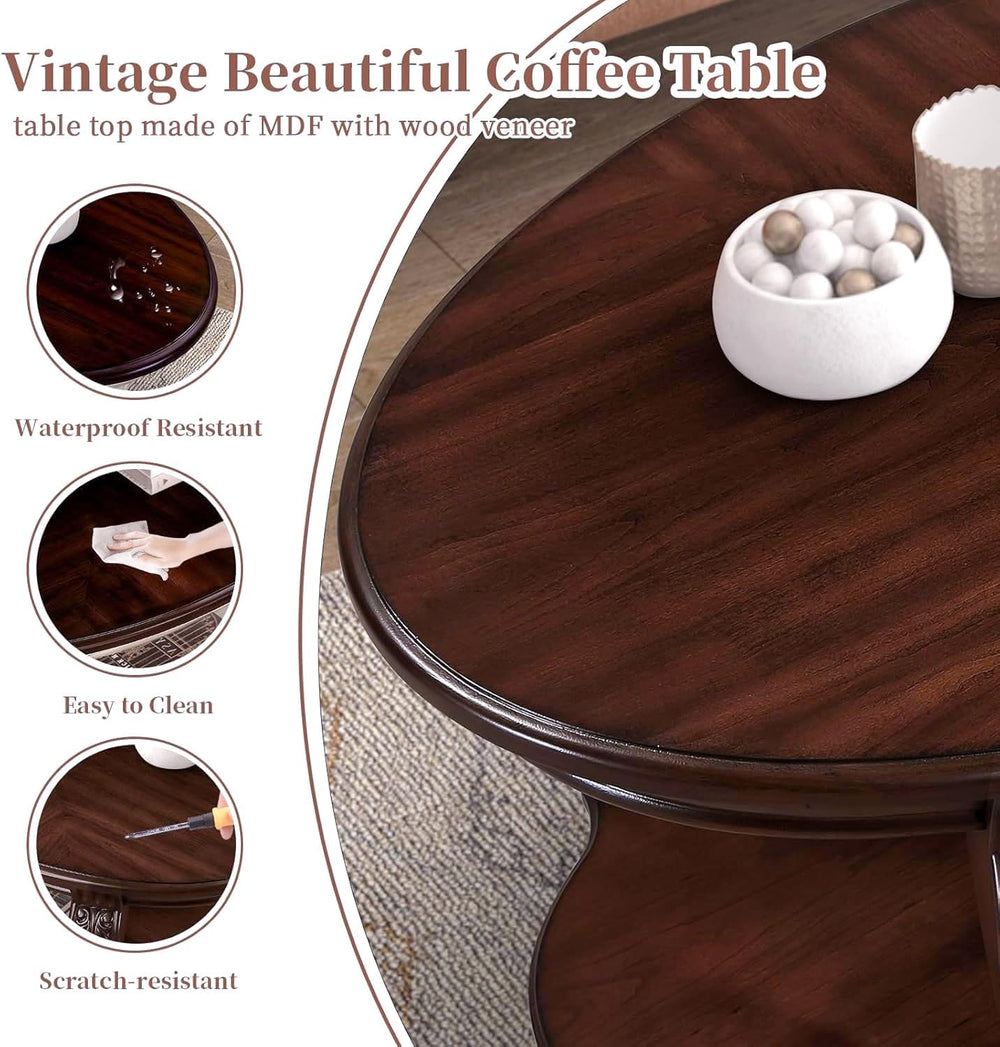 LKTART Oval Wood Living Room Coffee Table and End Table Set of 3, Cherry