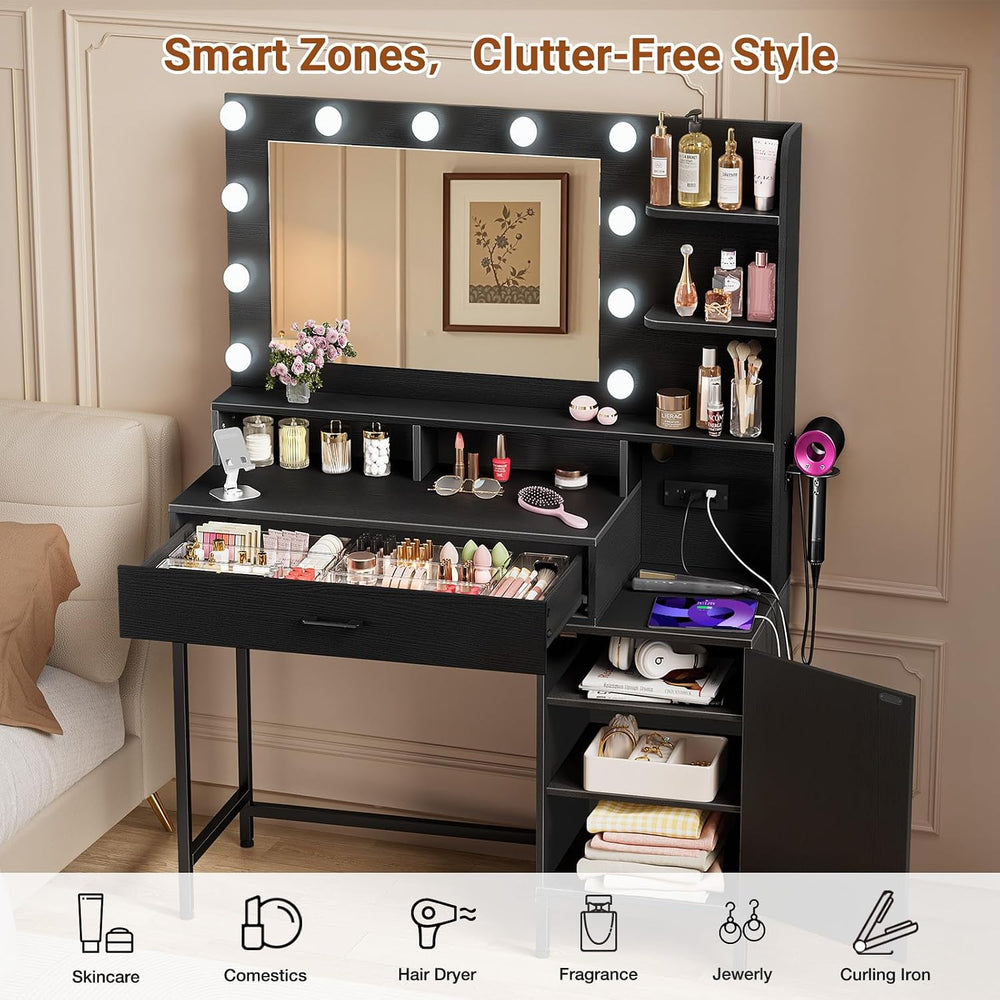 Driftalia Black Makeup Vanity Desk with Mirror and Lights for Bedroom | Integ...
