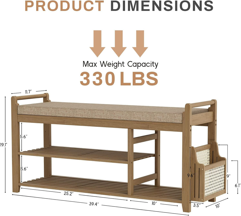 Homaxy 2-Tier Shoe Rack Bench with Side Holder, 39.4 in Bamboo Entryway Bench...