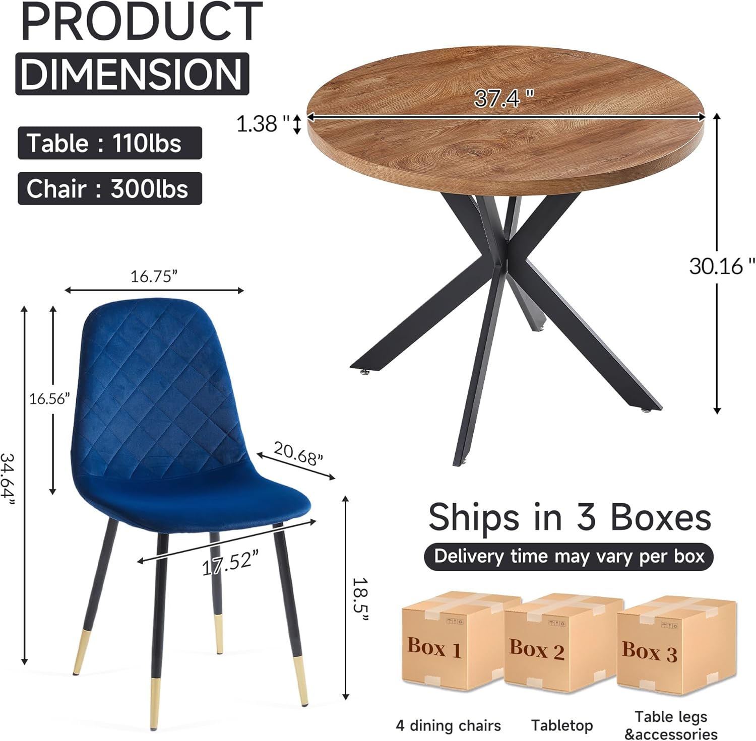37" Round Table Set for 4, Mid Century Modern Small Kitchen Table Set, Space Saving, Dinette for Home, Apartment, Dining Room (Imitation Wood Table+ 4 Navy Blue Velvet Chairs)