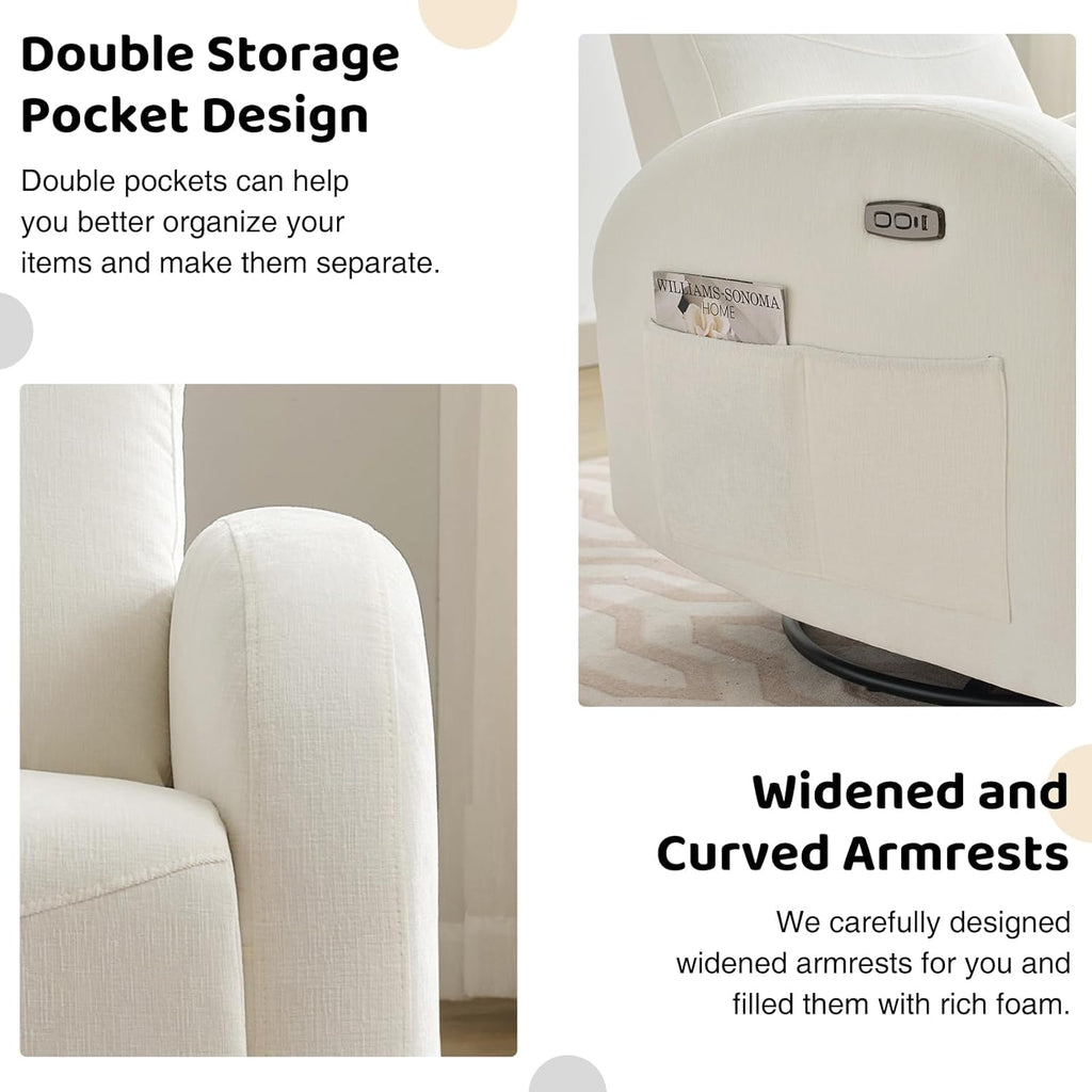 Power Nursery Glider Recliner, Chenille Electric Rocker Recliner with Type-C & USB Port, Nursery Swivel Rocker Recliners with Double Pockets for Adult, Cream White