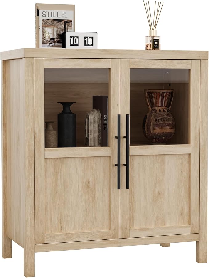 GarveeHome Sideboard Buffet Cabinet with 2 Glass Doors, 29" Buffet Table Coffee Bar Wine Bar Display Cabinet for Kitchen Dining Room, Living Room (Natrual, Glass with 2 Doors)