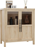 GarveeHome Sideboard Buffet Cabinet with 2 Glass Doors, 29" Buffet Table Coffee Bar Wine Bar Display Cabinet for Kitchen Dining Room, Living Room (Natrual, Glass with 2 Doors)