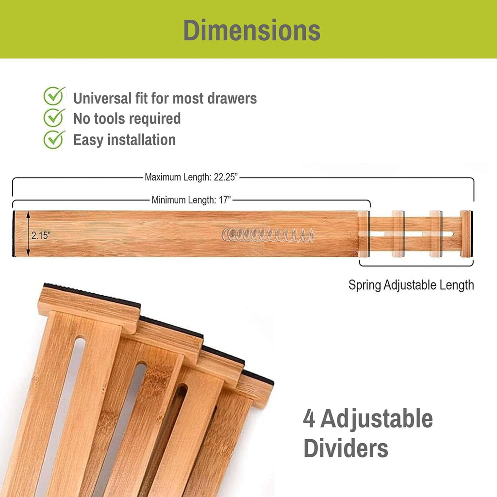 Bamboo Drawer Organizer Adjustable and Expandable - Ideal Drawer Dividers for Kitchen, Dresser, Bedroom and Bathroom - Expandable Drawer Organizer Set of 4 - Water-Resistant Finish