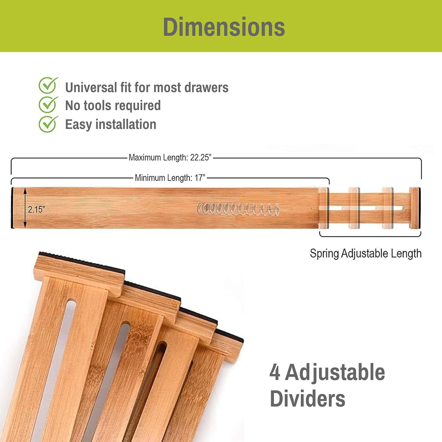 Bamboo Drawer Organizer Adjustable and Expandable - Ideal Drawer Dividers for Kitchen, Dresser, Bedroom and Bathroom - Expandable Drawer Organizer Set of 4 - Water-Resistant Finish