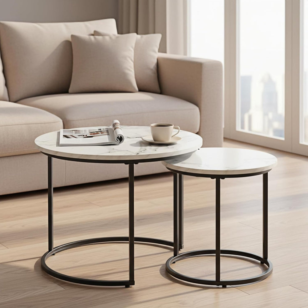 Round Nesting Coffee Table Set of 2, Modern Marble Pattern Wooden Nesting Tab...