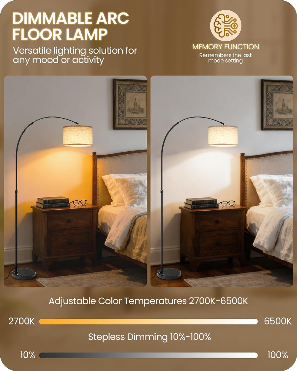 75" Tall Dimmable Arc Floor Lamp with Marble Base, Adjustable Height, Beige