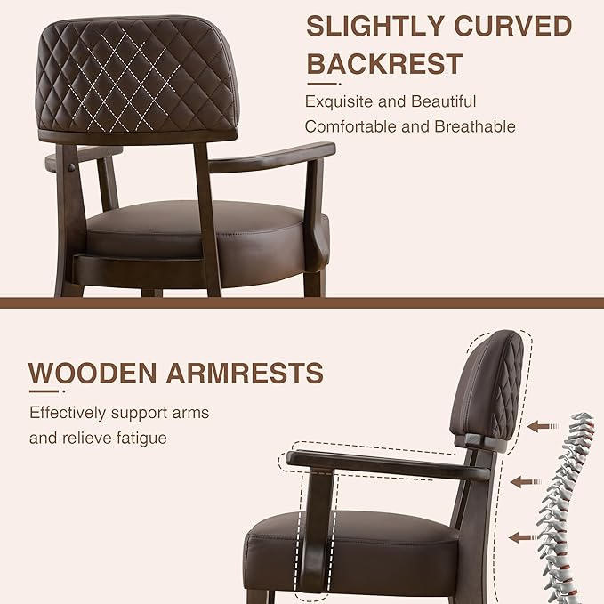 PU Leather Dining Chairs with Arms Set of 2, Upholstered Dining Room Chairs with Hardwood Legs & Open Curved Backrest,Modern Accent Kitchen Chairs 350 LBS Capacity, Brown