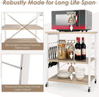 Giantex Kitchen Bakers Rack 3-Tier Microwave Cart on Wheels, Industrial Utility Bar Cart with 10 Hooks Metal Frame Wood Storage Shelves, Rolling Microwave Stand, Maple & White