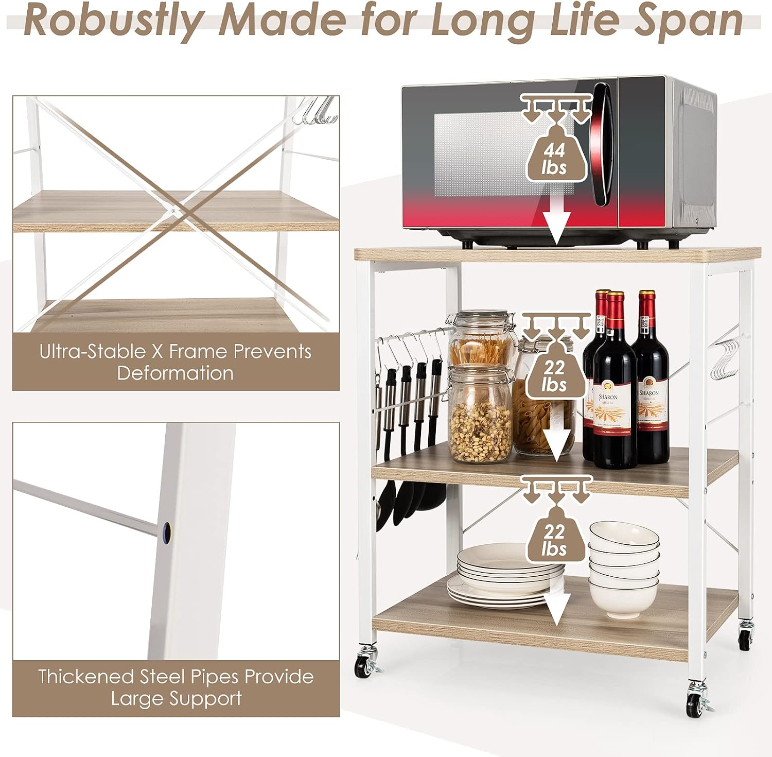 Giantex Kitchen Bakers Rack 3-Tier Microwave Cart on Wheels, Industrial Utility Bar Cart with 10 Hooks Metal Frame Wood Storage Shelves, Rolling Microwave Stand, Maple & White