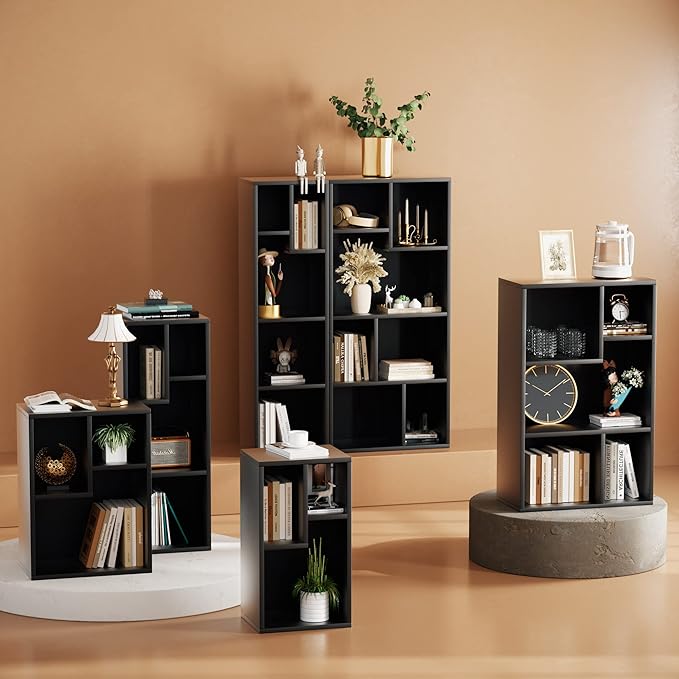 VECELO 3-Cube Open Bookcase, Small Bookshelf with Height Difference Shelves for Most Books, Horizontal Available, 2-Tier Storage Organizer for Home Office, Living Room,Vintage Black
