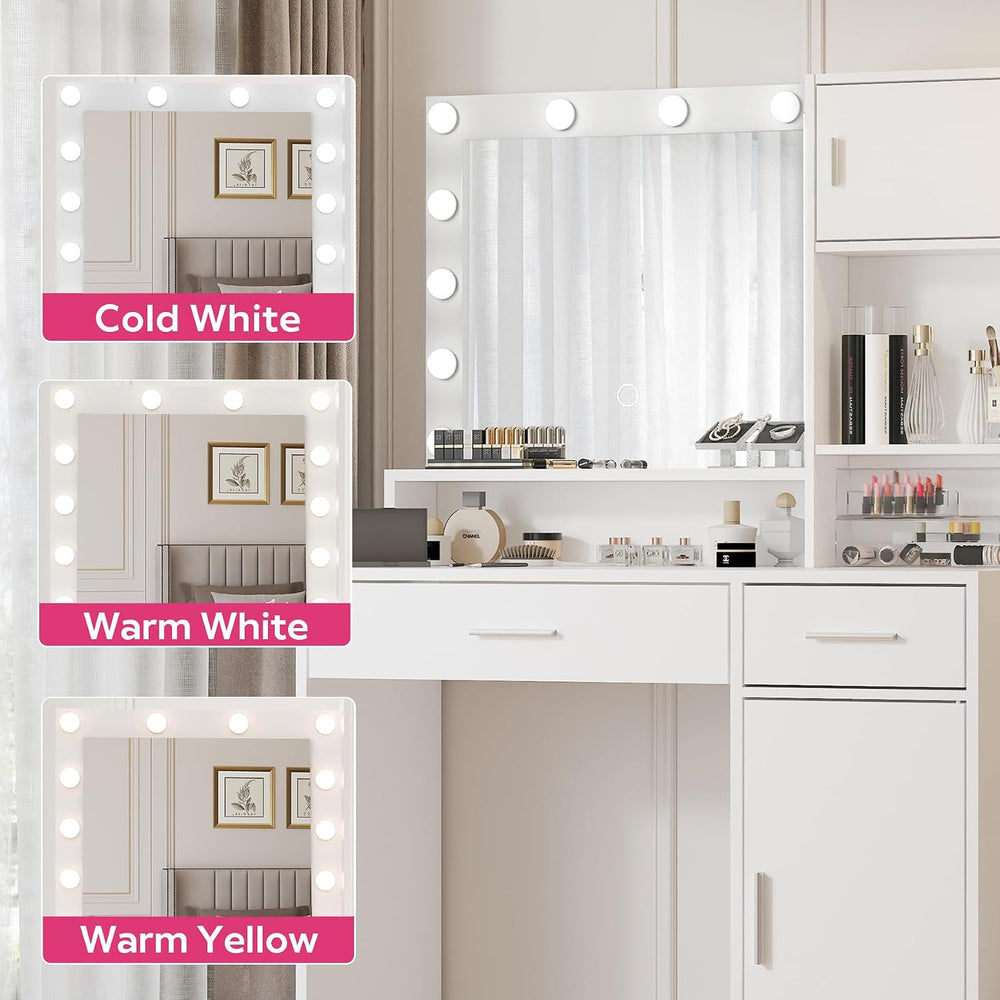 MIRROTOWEL Vanity Desk with Mirror and LED Light Strip,Dressing Table with La...