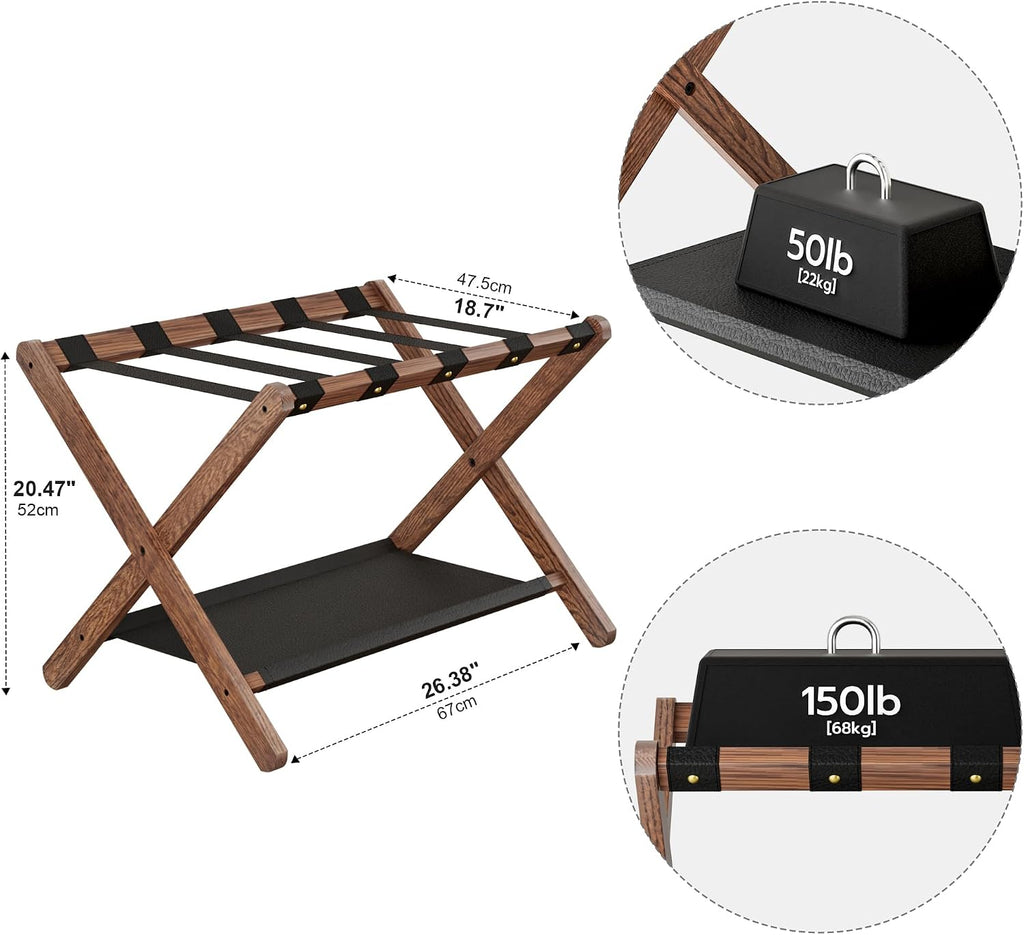 FLYJOE Luggage Rack, Solid Oak Wood Folding Suitcase Stand with Storage Shelf, Luggage Stand with Leather Straps for Guest Room, Bedroom, Hotel, Set of 2, Walnut