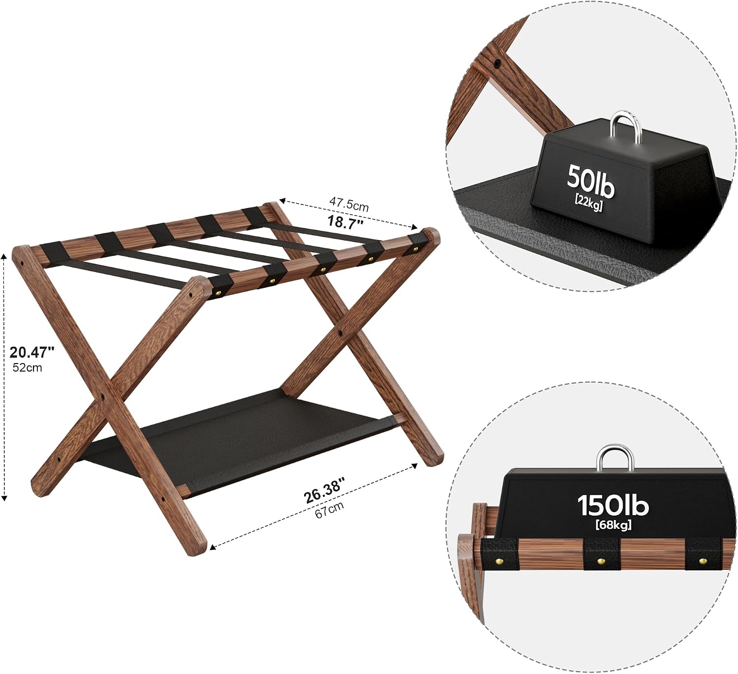 FLYJOE Luggage Rack, Solid Oak Wood Folding Suitcase Stand with Storage Shelf, Luggage Stand with Leather Straps for Guest Room, Bedroom, Hotel, Set of 2, Walnut