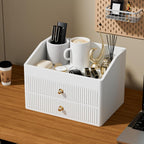 Desk Organizer,Beige White Vegan Leather Desk Accessories & Workspace Organizers with 2 Drawers & Tray,Key Holder with Gold-Tone Metal Accents knob，Jewelry Box,Nightstand