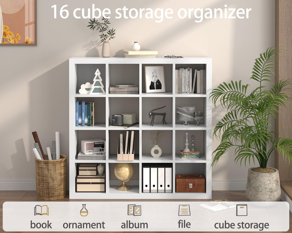 furtble Bookshelf with Storage Bins, 16-Cube Storage Organizer with Back Panels, Modern Wood Open Bookcase, Multifunctional Display Shelf for Living Room, Bedroom, Home Office, White