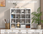 furtble Bookshelf with Storage Bins, 16-Cube Storage Organizer with Back Panels, Modern Wood Open Bookcase, Multifunctional Display Shelf for Living Room, Bedroom, Home Office, White