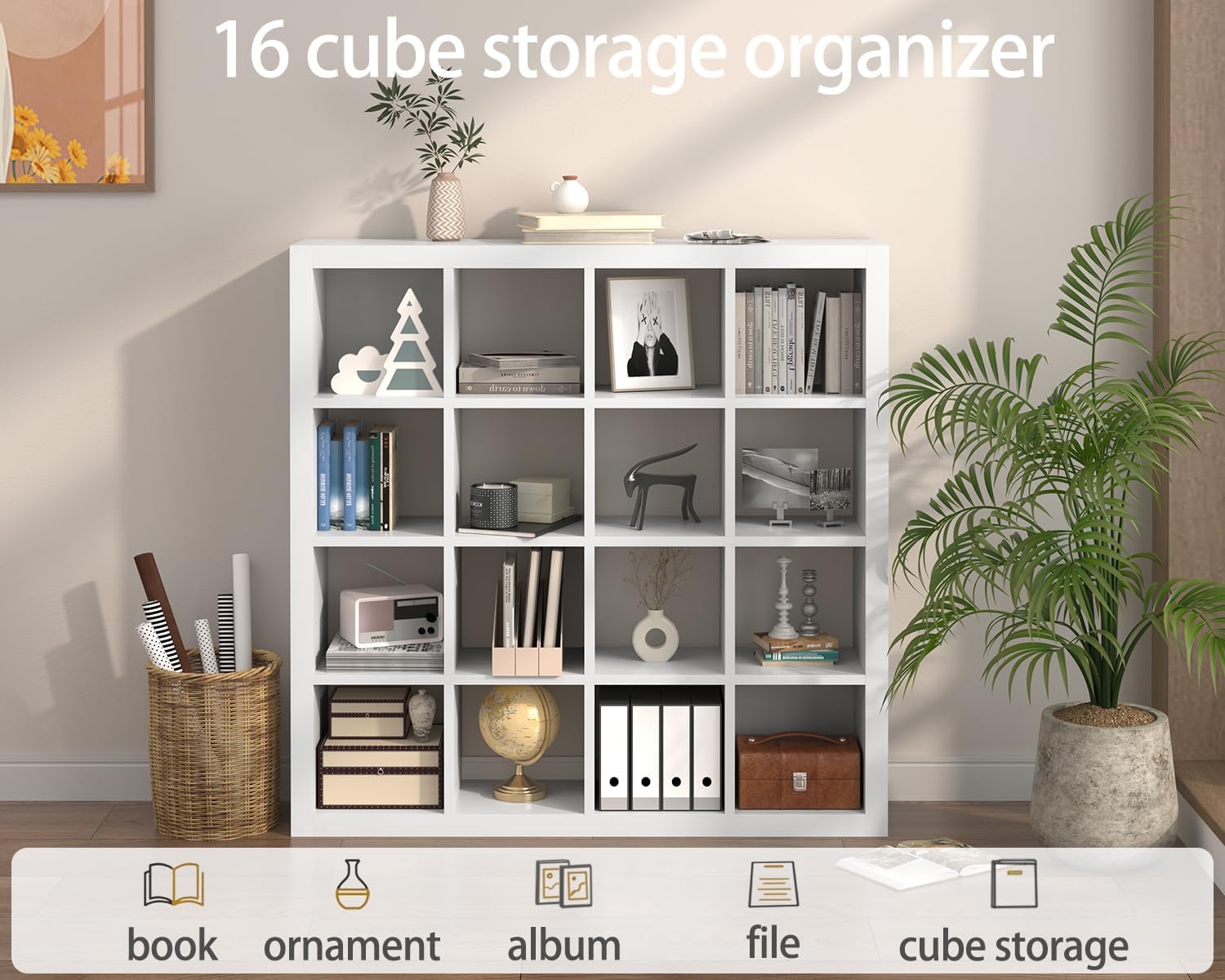 furtble Bookshelf with Storage Bins, 16-Cube Storage Organizer with Back Panels, Modern Wood Open Bookcase, Multifunctional Display Shelf for Living Room, Bedroom, Home Office, White