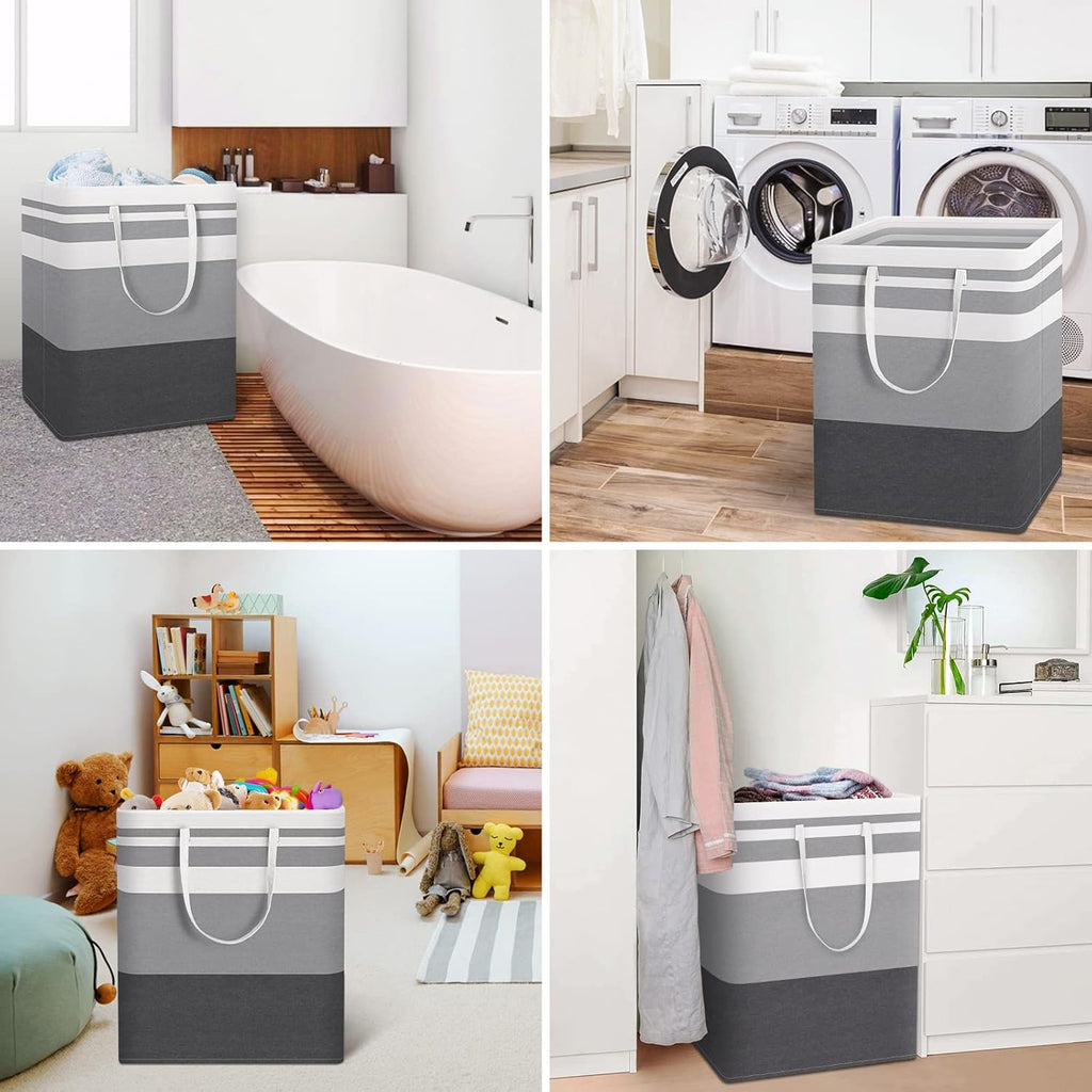 HomeHacks 2 Pack Large Laundry Baskets, Waterproof, Freestanding Laundry Hampers, Collapsible Clothes Hamper with Reinforced Handles in Laundry, College Dorm, Bathroom, Bedroom (Grey+Blue, 125Lx2)