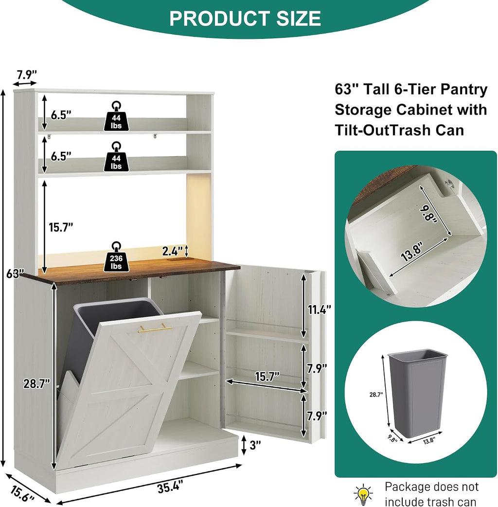 63" H Pantry Cabinets with 10 Gallon Trash Can,Led Light,Outlet,35" W Kitchen Hutch with Tilt Out Trash Can Cabinet,Farmhouse Cupboard with Large Countertop for Living Room,Dining Room,Antique White